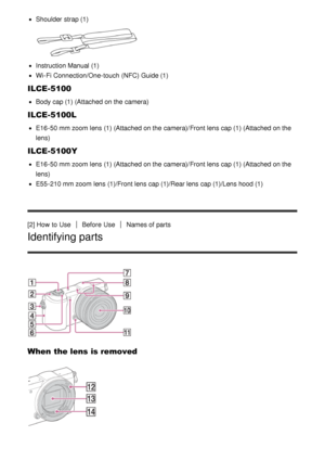 Page 17Shoulder  strap (1)
Instruction Manual (1)
Wi-Fi Connection/One-touch  (NFC) Guide (1)
ILCE-5100
Body cap (1) (Attached on the camera)
ILCE-5100L
E16-50 mm zoom  lens (1) (Attached on the camera)/ Front lens cap (1) (Attached on the
lens)
ILCE-5100Y
E16-50 mm  zoom  lens (1) (Attached on the camera)/ Front lens cap (1) (Attached on the
lens)
E55-210 mm  zoom  lens (1)/Front lens cap (1)/Rear lens cap (1)/Lens hood (1)
[2] How  to Use
Before  UseNames of parts
Identifying parts
When  the lens is removed 