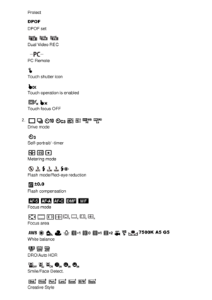 Page 24Protect
DPOF
DPOF set
Dual Video REC
PC Remote
Touch shutter icon
Touch operation is enabled
Touch focus OFF
2 . 
Drive mode
Self-portrait/ -timer
Metering mode
Flash  mode/Red-eye reduction
±0.0
Flash  compensation
Focus mode
Focus area
7500K  A5  G5
White balance
DRO/Auto HDR
Smile/Face  Detect. 
Creative Style 