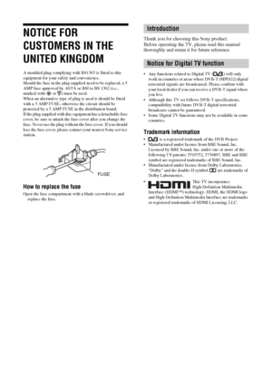 Page 22 GBNOTICE FOR 
CUSTOMERS IN THE 
UNITED KINGDOMA moulded plug complying with BS1363 is fitted to this 
equipment for your safety and convenience.
Should the fuse in the plug supplied need to be replaced, a 5 
AMP fuse approved by ASTA or BSI to BS 1362 (i.e., 
marked with   or  ) must be used.
When an alternative type of plug is used it should be fitted 
with a 5 AMP FUSE, otherwise the circuit should be 
protected by a 5 AMP FUSE at the distribution board.
If the plug supplied with this equipment has a...