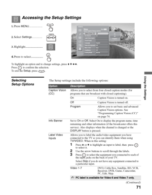 Page 71masterpage:3 columns Right
71
Using the Settings
D:\WINNT\Profiles\noriko\Desktop\SONY TROY 2\2681559131_Troy2 
EN\2681559131\01US07MEN.fm
KDF-42E2000/KDF-46E2000/KDF-50E2000/KDF-55E2000
2-681-559-13(1)
Accessing the Setup Settings
Selecting 
Setup OptionsThe Setup settings include the following options:
1.Press MENU..................
2.
Select Settings..............
3.
Highlight.......................
4.Press to select................
To highlight an option and to change settings, press V v B b.
Press...