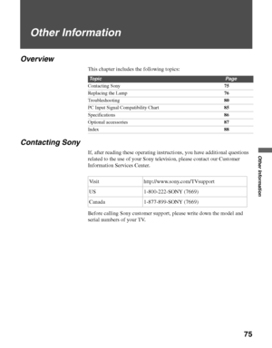 Page 7575
D:\WINNT\Profiles\noriko\Desktop\SONY TROY 2\2681559131_Troy2 
EN\2681559131\01US08OTH.fmmasterpage:3 columns Right
Other Information
KDF-42E2000/KDF-46E2000/KDF-50E2000/KDF-55E2000
2-681-559-13(1)
Other Information
Overview
This chapter includes the following topics:
Contacting Sony
If, after reading these operating instructions, you have additional questions 
related to the use of your Sony television, please contact our Customer 
Information Services Center. 
Before calling Sony customer support,...