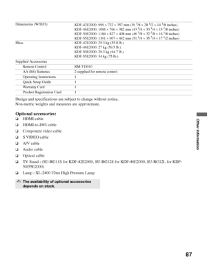 Page 87masterpage:3 columns Right
87
Other Information
D:\WINNT\Profiles\noriko\Desktop\SONY TROY 2\2681559131_Troy2 
EN\2681559131\01US08OTH.fm
KDF-42E2000/KDF-46E2000/KDF-50E2000/KDF-55E2000
2-681-559-13(1)
Design and specifications are subject to change without notice. 
Non-metric weights and measures are approximate.
Optional accessories:
❑HDMI cable
❑HDMI-to-DVI cable
❑Component video cable
❑S VIDEO cable
❑A/V cable
❑Audio cable
❑Optical cable
❑TV Stand : (SU-RG11S for KDF-42E2000, SU-RG12S for...