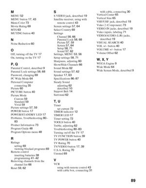 Page 8989
D:\WINNT\Profiles\noriko\Desktop\SONY TROY 2\2681559131_Troy2 
EN\2681559131\01US09IX.fmmasterpage:3 columns Right
KDF-42E2000/KDF-46E2000/KDF-50E2000/KDF-55E2000
2-681-559-13(1)
M
MENU 52
MENU button 17, 43
Menu Color 73
Movie Rating 69
MTS 63
MUTING button 40
N
Noise Reduction 60
O
Off, turning off the TV 17
On, turning on the TV 17
P, Q
Parental Control, described 9
Parental Lock settings 58, 68
Password, changing 69
PC Wide Mode 64
Personal Computer
connecting 35
Picture 60
PICTURE button 40...