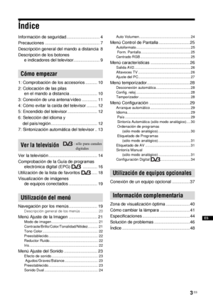 Page 1443 ES
Índice
Información de seguridad............................ 4
Precauciones .............................................. 7
Descripción general del mando a distancia 8
Descripción de los botones 
e indicadores del televisor...................... 9
1: Comprobación de los accesorios .......... 10
2: Colocación de las pilas 
en el mando a distancia ....................... 10
3: Conexión de una antena/vídeo ............. 11
4: Cómo evitar la caída del televisor ......... 12
5: Encendido del televisor...