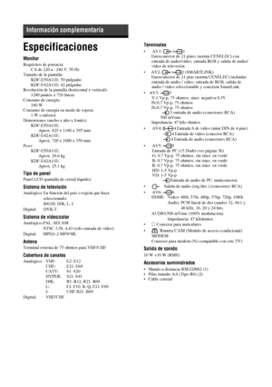 Page 18544ES
Especificaciones
Monitor
Requisitos de potencia:
CA de 220 a –240 V, 50 Hz
Tamaño de la pantalla:
KDF-E50A11E: 50 pulgadas
KDF-E42A11E: 42 pulgadas
Resolución de la pantalla (horizontal x vertical):
1280 puntos x 720 líneas
Consumo de energía:
180 W
Consumo de energía en modo de espera:
1 W o inferior
Dimensiones (ancho x alto x fondo):
KDF-E50A11E:  
Aprox. 825 x 1180 x 395 mm
KDF-E42A11E:  
Aprox. 720 x 1000 x 350 mm 
Peso:
KDF-E50A11E: 
Aprox. 29,6 kg 
KDF-E42A11E: 
Aprox. 25,1 kg 
Tipo de panel...