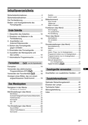 Page 503 DE
Inhaltsverzeichnis
Sicherheitsinformationen............................. 4
Sicherheitsmaßnahmen .............................. 7
Die Fernbedienung...................................... 8
Bedien- und Anzeigeelemente des  
Fernsehgeräts ........................................ 9
1: Überprüfen des Zubehörs  .................... 10
2: Einsetzen von Batterien in die 
Fernbedienung ..................................... 10
3:  Anschließen von 
Antenne/Videorecorder ........................ 11
4: Sichern...