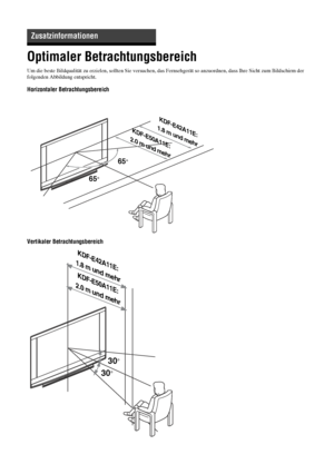 Page 8740 DE
Optimaler Betrachtungsbereich
Um die beste Bildqualität zu erzielen, sollten Sie versuchen, das Fernsehgerät so anzuordnen, dass Ihre Sicht zum Bildschirm der 
folgenden Abbildung entspricht.
Horizontaler Betrachtungsbereich
Vertikaler Betrachtungsbereich
Zusatzinformationen
65°
65°
 KDF-E42A11E:
1.8 m und mehr
 KDF-E50A11E:
2.0 m und mehr
30°
30°
KDF-E42A11E:
1.8 m 
und mehrKDF-E50A11E:
2.0 m 
und mehr
 