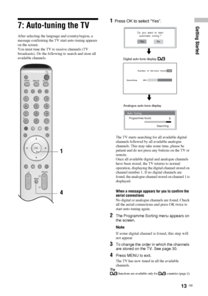 Page 1313  GB
Getting Started7: Auto-tuning the TV
After selecting the language and country/region, a 
message confirming the TV start auto-tuning appears 
on the screen.
You must tune the TV to receive channels (TV 
broadcasts). Do the following to search and store all 
available channels.
1Press OK to select “Yes”.
The TV starts searching for all available digital 
channels followed by all available analogue 
channels. This may take some time, please be 
patient and do not press any buttons on the TV or...