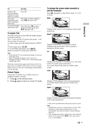 Page 1515  GB
Watching TV
To access Text
Press /. Each time you press /, the display changes 
cyclically as follows:
Text t Text over the TV picture (mix mode) t No 
Text (exit the Text service)
To select a page, press the number buttons or PROG 
+/-.
To hold a page, press  / .
To reveal hidden information, press  / .
Return to normal TV mode, press ANALOG.
Tips
• Ensure that the TV is receiving a good signal, or some text 
errors may occur.
• Most TV channels broadcast a Text service. For 
information on the...