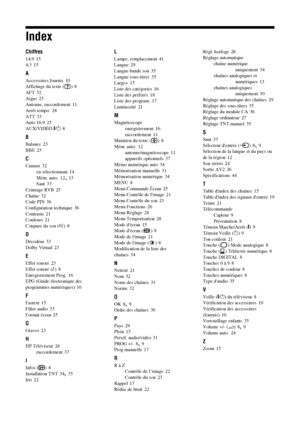 Page 14248 FR
Index
Chiffres
14:9 15
4:3 15
A
Accessoires fournis 10
Affichage du texte ( ) 8
AFT
 32
Aigus
 23
Antenne, raccordement 11
Arrêt tempo.
 28
ATT
 33
Auto 16:9 25
AUX/VIDÉO \/1
 8
B
Balance 23
BBE
 23
C
Canaux 32
en sélectionnant
 14
Mém. auto.
 12, 13
Saut 33
Centrage RVB
 25
Chaîne
 32
Code PIN 36
Configuration technique
 36
Contraste
 21
Couleurs
 21
Coupure du son (%) 8
D
Décodeur 33
Dolby Virtual 23
E
Effet sonore 23
Effet sonore (9) 8
Enregistrement Prog.
 16
EPG (Guide électronique des...