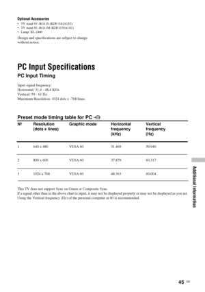 Page 4545  GB
Additional Information
Optional Accessories
• TV stand SU-RG11S (KDF-E42A11E)
• TV stand SU-RG11M (KDF-E50A11E)
• Lamp: XL-2400
Design and specifications are subject to change 
without notice.
PC Input Specifications
PC Input Timing
Input signal frequency:
Horizontal: 31,4 - 48,4 KHz.
Vertical: 59 - 61 Hz.
Maximum Resolution: 1024 dots x -768 lines.
Preset mode timing table for PC 
Nº Resolution Graphic mode Horizontal Vertical
(dots x lines) frequency frequency
 (kHz) (Hz)
1 640 x 480 VESA 60...