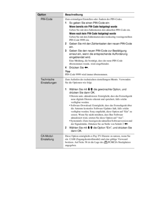 Page 8336 DE
Option Beschreibung
PIN-CodeZum erstmaligen Einstellen oder Ändern des PIN-Codes.
1So geben Sie einen PIN-Code ein:
Wenn bereits ein PIN-Code festgelegt wurde
Geben Sie mit den Zahlentasten den aktuellen PIN-Code ein.
Wenn noch kein PIN-Code festgelegt wurde
Geben Sie mit den Zahlentasten den werkseitig voreingestellten 
PIN-Code 9999 ein.
2Geben Sie mit den Zahlentasten den neuen PIN-Code 
ein.
3Geben Sie den neuen PIN-Code zur Bestätigung 
erneut ein, wenn die entsprechende Aufforderung...