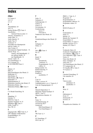 Page 9548 DE
Index
Ziffern
0-9 Tasten 8
14:9 15
4:3 15
A
Abschalttimer 28
AFT 32
Analog-Modus ( ) Taste 8
Anschließen
Antenne/Videorecorder
 11
Antenne, anschließen 11
Audio Filter 33
Audio-Sprache 35
Audio-Typ 35
Auslassen 33
Auswählen der Menüsprache 
und des Landes
 12
Auto Format 25
Automatischer Digital-Suchlauf,  34
Autom. Progr. 12
Analog- und Digitalkanäle 13
nur analoge Kanäle 30
nur Digitalkanäle 34
Autom. Lautst. 24
AV-Einstellungen 31
AV2 Ausgang 26
AUX/VIDEO \/1Taste 8
B
Balance 23
BBE 23...