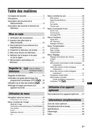 Page 973 FR
Table des matières
Consignes de sécurité................................. 4
Précautions ................................................. 7
Description des touches de la 
télécommande........................................ 8
Description des touches et témoins du 
téléviseur ................................................ 9
1: Vérification des accessoires.................. 10
2: Insertion des piles dans la 
télécommande...................................... 10
3: Raccordement d’une antenne/d’un...