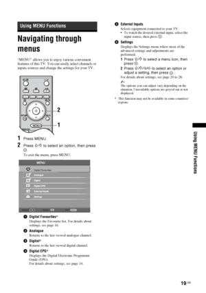 Page 1919 GB
Using MENU Functions
Navigating through 
menus
“MENU” allows you to enjoy various convenient 
features of this TV. You can easily select channels or 
inputs sources and change the settings for your TV.
1Press MENU.
2Press F/f to select an option, then press 
.
To exit the menu, press MENU.
1Digital Favourites*
Displays the Favourite list. For details about 
settings, see page 16.
2Analogue
Returns to the last viewed analogue channel.
3Digital*
Returns to the last viewed digital channel.
4Digital...