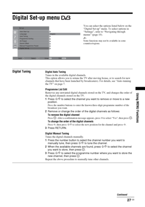 Page 2727 GB
Using MENU Functions
Digital Set-up menu 
You can select the options listed below on the 
“Digital Set-up” menu. To select options in 
“Settings”, refer to “Navigating through 
menus” (page 19).
~ Some functions may not be available in some 
countries/regions.
Digital TuningDigital Auto Tuning
Tunes in the available digital channels.
This option allows you to retune the TV after moving house, or to search for new 
channels that have been launched by broadcasters). For details, see “Auto-tunning...