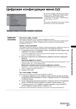 Page 5727 RU
Использование функций меню
Цифровая конфигурация меню 
Вы можете выбрать нижеперечисленные 
опции в меню “Цифровая конфигурация”. 
О правилах выбора опций в меню 
“Установки” см. в разделе "Навигация по 
системе меню" (стр. 19).
~ 
Некоторые из функций в некоторых странах/
регионах могут быть недоступными.
Цифровая 
настройкаАвтопоиск цифр. станцийВыполняет настройку на все доступные цифровые каналы.
Эта опция позволяет заново настроить телевизор после переезда или найти новые 
каналы,...