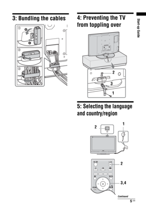 Page 55 GB
KDL-20S2020
2-685-333-14(1)
Start-up Guide3: Bundling the cables4: Preventing the TV 
from toppling over
5: Selecting the language 
and country/region
1
A B
2
3
2
3
1
21
3,4 2
Continued
010COV.book  Page 5  Wednesday, January 17, 2007  10:09 AM
 