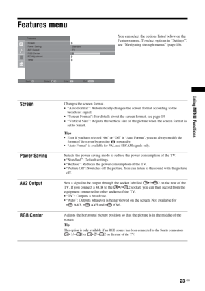 Page 2323
 GB
Using MENU Functions
Features menu
You can select the options listed below on the 
Features menu. To select options in “Settings”, 
see “Navigating through menus” (page 19).
Screen 
Changes the screen format.
 “Auto Format”: Automatically changes the screen format according to the 
broadcast signal.
 “Screen Format”: For details about the screen format, see page 14
 “Vertical Size”: Adjusts the vertical size of the picture when the screen format is 
set to Smart.
Tips Even if you have selected...