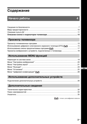 Page 373 RU
СодержаниеНачало работы 4Сведения по безопасности.................................................................................................... 7
Меры предосторожности..................................................................................................... 10
Описание пульта ДУ .............................................................................................................11
Описание кнопок и индикаторов телевизора...