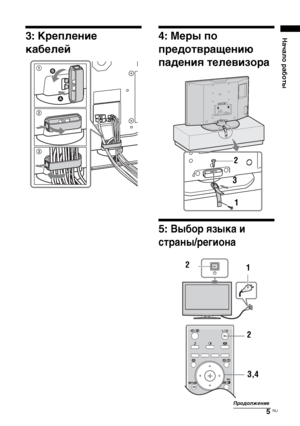 Page 395 
RU
Начало работы
3: Крепление 
кабелей
4: Меры по 
предотвращению 
падения телевизора5: 
Выбор языка и 
страны/региона
1
A B
23
2
3
1
2
1
3,4 2
Продолжение
 