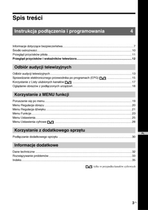 Page 713 PL
Spis treściInstrukcja podłączenia i programowania 4Informacje dotyczące bezpieczeństwa...................................................................................... 7
Środki ostrożności ................................................................................................................... 10
Przegląd przycisków pilota ......................................................................................................11
Przegląd przycisków i wskaźników...