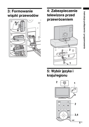 Page 735 
PL
Instrukcja podłączenia i programowania
3: Formowanie 
wiązki przewodów
4: Zabezpieczenie 
telewizora przed 
przewróceniem5: 
Wybór języka i 
kraju/regionu
1
A B
23
2
3
1
2
1
3,4 2
(cd)
 