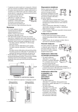 Page 768PL•Urządzenia nie należy instalować w miejscach, w których 
może być narażone na działanie wibracji mechanicznych.
• Nie należy ustawiać telewizora w miejscu, gdzie może on 
zawadzać, np. na filarze lub za nim ani w miejscu, gdzie 
można uderzyć w niego głową. W przeciwnym razie może 
to być przyczyną obrażeń ciała.
•Nie należy pozwalać, aby na 
odbiornik TV wspinały się dzieci.
• W przypadku użytkowania 
urządzenia w strefie nadmorskiej, 
sól zawarta w powietrzu może 
spowodować korozję metalowych...