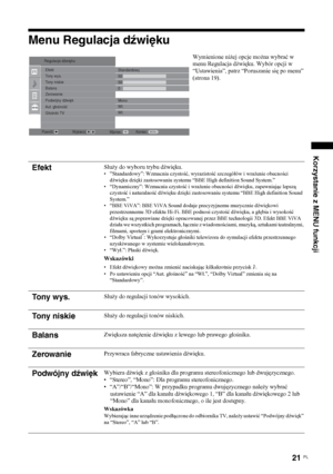 Page 8921 
PL
Korzystanie z MENU funkcji
Menu Regulacja dźwięku
Wymienione niżej opcje można wybrać w 
menu Regulacja dźwięku. Wybór opcji w 
“Ustawienia”, patrz “Poruszanie się po menu” 
(strona 19).
Efekt
Służy do wyboru trybu dźwięku.•“Standardowy”: Wzmacnia czystość, wyrazistość szczegółów i wrażenie obecności 
dźwięku dzięki zastosowaniu systemu “BBE High definition Sound System.”
• “Dynamiczny”: Wzmacnia czystość i wrażenie obecności dźwięku, zapewniając lepszą 
czystość i naturalność dźwięku dzięki...
