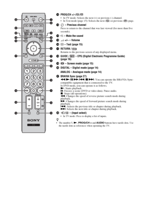 Page 1212 GB
qsPROG/CH +/–/ /
 In TV mode: Selects the next (+) or previous (-) channel.
 In Text mode (page 15): Selects the next ( ) or previous ( ) page.
qd – Previous channel
Press to return to the channel that was last viewed (for more than five 
seconds).
qf% – Mute the sound
qg2 +/– – Volume 
qh/ – Text (page 15)
qjRETURN / 
Returns to the previous screen of any displayed menu.
qkGUIDE /   – EPG (Digital Electronic Programme Guide) 
(page 16)
ql – Screen mode (page 15)
w;DIGITAL – Digital mode (page 14)...