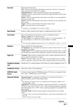 Page 3131 GB
Using MENU Functions
SurroundSelects the surround mode.
“On”: Delivers surround effects that help you enjoy the virtual two-ch surround 
audio with just the two internal TV speakers.
“Simulated Stereo”: Adds a surround-like effect to mono programmes.
“Cinema”: Delivers surround effects just like the high-grade audio systems found 
in movie theatres.
“Music”: Delivers surround effects that make you feel like you are surrounded by 
sound as in a music hall.
“Sports”: Delivers surround effects that...