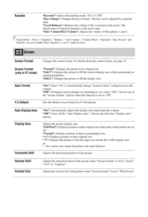 Page 3232 GB
~ “Sound Mode”, “Reset”, “Equalizer”, “Balance”, “Auto Volume”, “Volume Offset”, “Surround”, “Bass Booster” and 
“Karaoke” are not available when “Speakers” is set to “Audio System”. 
Karaoke“Karaoke”: Selects the karaoke mode, “On” or “Off”.
“Key Change”: Changes the key of music. The key can be adjusted by semitone 
steps.
“Vocal Reducer”: Reduces the volume of the vocal part in the music. The 
effectiveness of function depends on the music type.
“Mic1 Volume/Mic2 Volume”: Adjusts the volume of...