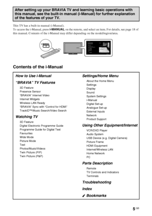 Page 55GB
D:\Cmengs JOB\SONY TV\SY0331_V2 (Rev-3)\8265141_GB\GB01TOC.fm
KDL-EX723/EX720/EX523/EX520/EX423/EX420/CX523/CX520
4-268-265-14(1)
This TV has a built-in manual (i-Manual).
To access the i-Manual, press i-MANUAL on the remote, and select an item. For details, see page 18 of 
this manual. Contents of the i-Manual may differ depending on the model/region/area.
Contents of the i-Manual
After setting up your BRAVIA TV and learning basic operations with 
this manual, see the built-in manual (i-Manual) for...