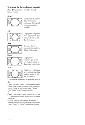 Page 1818 GB
To change the Screen Format manually
Press   repeatedly to select the desired 
Screen Format.
* Parts of the top and bottom of the picture may be cut off.
~
 When you select “Smart”, some characters and/or 
letters at the top and the bottom of the picture may 
not be visible. In such a case, adjust “Vertical 
Size” in the “Screen” menu (page 51).
z
 When “Auto Format” (page 51) is set to “On”, the 
TV automatically selects the best mode to suit the 
broadcast.
 If 720p, 1080i or 1080p source...