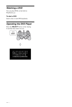 Page 3838 GB
Watching a DVD
You can play DVDs on the built-in 
PlayStation
™2.
To start a DVD
Insert a disc to start DVD playback.
Operating the DVD Player
Press the SELECT button on the Analog 
Controller then select an icon.
 