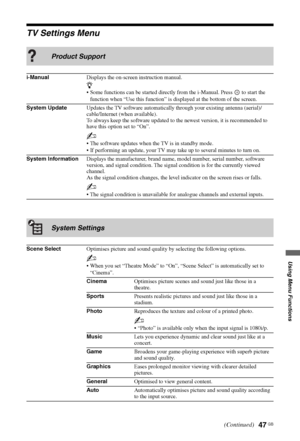 Page 4747 GB
Using Menu Functions
TV Settings Menu
Product Support
i-ManualDisplays the on-screen instruction manual.
z
 Some functions can be started directly from the i-Manual. Press   to start the 
function when “Use this function” is displayed at the bottom of the screen.
System UpdateUpdates the TV software automatically through your existing antenna (aerial)/
cable/Internet (when available).
To always keep the software updated to the newest version, it is recommended to 
have this option set to “On”.
~...