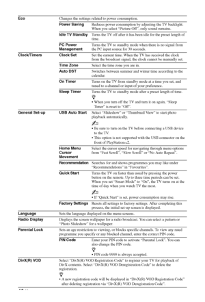 Page 4848 GB
EcoChanges the settings related to power consumption.
Power SavingReduces power consumption by adjusting the TV backlight. 
When you select “Picture Off”, only sound remains.
Idle TV StandbyTurns the TV off after it has been idle for the preset length of 
time.
PC Power 
ManagementTurns the TV to standby mode when there is no signal from 
the PC input source for 30 seconds.
Clock/Timers Clock SetSet the current time. When the TV has received the clock 
from the broadcast signal, the clock cannot be...