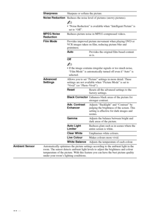 Page 5050 GB
SharpnessSharpens or softens the picture.
Noise ReductionReduces the noise level of pictures (snowy pictures).
~
 “Noise Reduction” is available when “Intelligent Picture” is 
set to “Off”.
MPEG Noise 
ReductionReduces picture noise in MPEG-compressed videos.
Film ModeProvides improved picture movement when playing DVD or 
VCR images taken on film, reducing picture blur and 
graininess.
AutoProvides the original film-based content 
as is.
Off
~
 If the image contains irregular signals or too much...