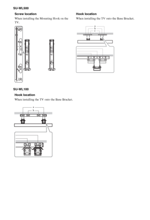 Page 3232GB
SU-WL500
SU-WL100
Screw location
When installing the Mounting Hook on the 
TV.Hook location
When installing the TV onto the Base Bracket.
b a
c
Hook location
When installing the TV onto the Base Bracket.
b a
 