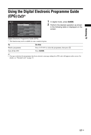 Page 1717 GB
Watching TV
Using the Digital Electronic Programme Guide 
(EPG) *
1In digital mode, press GUIDE.
2Perform the desired operation as shown 
in the following table or displayed on the 
screen.
* This function may not be available in some countries/regions.
~  If an age restriction for programmes has been selected, a message asking for a PIN code will appear on the screen. For 
details, see “Parental Lock” on page 33.
To d a y13: 00 12: 30 12: 00 11: 30GUIDEFri  16  Mar 11:35
001      BBC ONE
002...