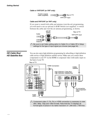 Page 12Getting Started
12
Cable or VHF/UHF (or VHF only)
Cable and VHF/UHF (or VHF only)
If you want to watch both cable and antenna (over-the-air) programming, 
you will need to use an optional A-B RF Switch (not supplied)  to switch 
between the cable and over-the air antenna programming, as shown. 
HD Cable Box/
HD Satellite BoxYou can also enjoy high definition programming by subscribing to high definition 
cable service or high definition satellite service. Make sure you connect these 
components to your...