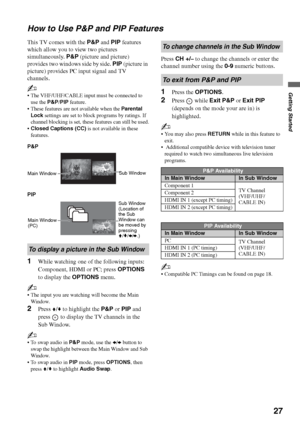 Page 2727
Getting Started
How to Use P&P and PIP Features
This TV comes with the P&P and PIP features 
which allow you to view two pictures 
simultaneously. P&P (picture and picture) 
provides two windows side by side. PIP (picture in 
picture) provides PC input signal and TV 
channels.
~
 The VHF/UHF/CABLE input must be connected to 
use the P&P/PIP feature.
 These features are not available when the Parental 
Lock settings are set to block programs by ratings. If 
channel blocking is set, these features can...