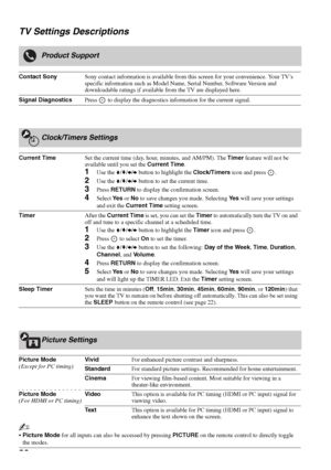 Page 3030 TV Settings Descriptions
Product Support
Contact SonySony contact information is available from this screen for your convenience. Your TV’s 
specific information such as Model Name, Serial Number, Software Version and 
downloadable ratings if available from the TV are displayed here.
Signal DiagnosticsPress   to display the diagnostics information for the current signal.
Clock/Timers Settings
Current TimeSet the current time (day, hour, minutes, and AM/PM). The Timer feature will not be 
available...