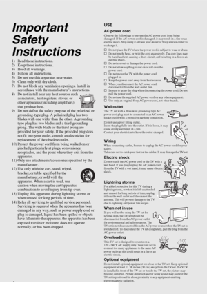 Page 44
Important 
Safety 
Instructions
1) Read these instructions.
2) Keep these instructions.
3) Heed all warnings.
4) Follow all instructions.
5) Do not use this apparatus near water.
6) Clean only with dry cloth.
7) Do not block any ventilation openings. Install in 
accordance with the manufacturer’s instructions.
8) Do not install near any heat sources such 
as radiators, heat registers, stoves, or 
other apparatus (including amplifiers) 
that produce heat.
9) Do not defeat the safety purpose of the...