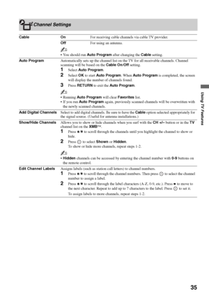 Page 3535
Using TV Features
Channel Settings
Cable OnFor receiving cable channels via cable TV provider.
OffFor using an antenna.
~
 You should run Auto Program after changing the Cable setting.
Auto ProgramAutomatically sets up the channel list on the TV for all receivable channels. Channel 
scanning will be based on the Cable On/Off setting.
1Select Auto Program.
2Select OK to start Auto Program. When Auto Program is completed, the screen 
will display the number of channels found.
3Press RETURN to exit the...