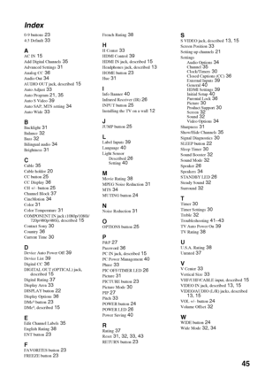 Page 4545 Index
0-9 buttons 23
4:3 Default 33
AAC IN 15
Add Digital Channels 35
Advanced Settings 31
Analog CC 36
Audio Out 34
AUDIO OUT jack, described 15
Auto Adjust 33
Auto Program 21, 35
Auto S Video 39
Auto SAP, MTS setting 34
Auto Wide 33
BBacklight 31
Balance 32
Bass 32
Bilingual audio 34
Brightness 31
CCable 35
Cable holder 20
CC button 25
CC Display 36
CH +/– button 25
Channel Block 37
CineMotion 34
Color 31
Color Temperature 31
COMPONENT IN jack (1080p/1080i/
720p/480p/480i), described 15
Contact Sony...