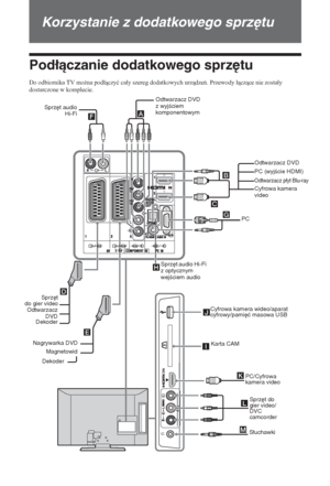 Page 12418 PL
Korzystanie z dodatkowego sprzętu
Podłączanie dodatkowego sprzętu
Do odbiornika TV mo*na podáczyü caáy szereg dodatkowych urzdze. Przewody áczce nie zostaáy 
dostarczone w komplecie.
DG
EJ
K
M
FA
B
C
L H
ISprzęt do 
gier video/
DVC 
camcorder
Słuchawki Odtwarzacz DVD
z wyjściem 
komponentowym
Nagrywarka DVD
DekoderMagnetowid Sprzęt
do gier video
Odtwarzacz
DVD
DekoderPCPC (wyjście HDMI)
Odtwarzacz płyt Blu-ray
Cyfrowa kamera 
video Odtwarzacz DVD Sprzęt audio
Hi-Fi
Karta CAM
PC/Cyfrowa...