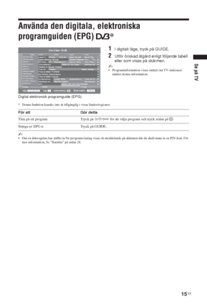 Page 19315 SE
Se på TV
Använda den digitala, elektroniska 
programguiden (EPG) *
1I digitalt läge, tryck på GUIDE.
2Utför önskad åtgärd enligt följande tabell 
eller som visas på skärmen.
~ • Programinformation visas endast om TV-stationen 
sänder denna information.
* Denna funktion kanske inte är tillgänglig i vissa länder/regioner.
~ • Om en åldersgräns har ställts in för programvisning visas ett meddelande på skärmen där du skall mata in en PIN-kod. För 
mer information, Se ”Barnlås” på sidan 28.
Digital...