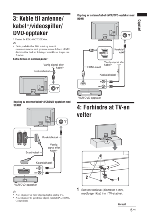 Page 755 NO
Oppstart3: Koble til antenne/
kabel*/videospiller/
DVD-opptaker
* Unntatt for KDL-40/37/32P36xx.
~
• Dette produktet har blitt testet og funnet i 
overensstemmelse med grensene som er definert i EMC-
direktivet for bruk av ledninger som ikke er lengre enn 
3 meter.
~ 
• AV1-utganger er bare tilgjengelig for analog TV.
• AV2-utganger til gjeldende skjerm (unntatt PC, HDMI, 
Component).
4: Forhindre at TV-en 
velter
1Sett en treskrue (diameter 4 mm, 
medfølger ikke) inn i TV-stativet.
Koaksialkabel...