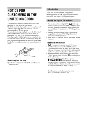 Page 22 GBNOTICE FOR 
CUSTOMERS IN THE 
UNITED KINGDOMA moulded plug complying with BS1363 is fitted to this 
equipment for your safety and convenience.
Should the fuse in the plug supplied need to be replaced, a 10 
AMP fuse approved by ASTA or BSI to BS 1362 (i.e., 
marked with   or  ) must be used.
When an alternative type of plug is used it should be fitted 
with a 10 AMP FUSE, otherwise the circuit should be 
protected by a 10 AMP FUSE at the distribution board.
If the plug supplied with this equipment...